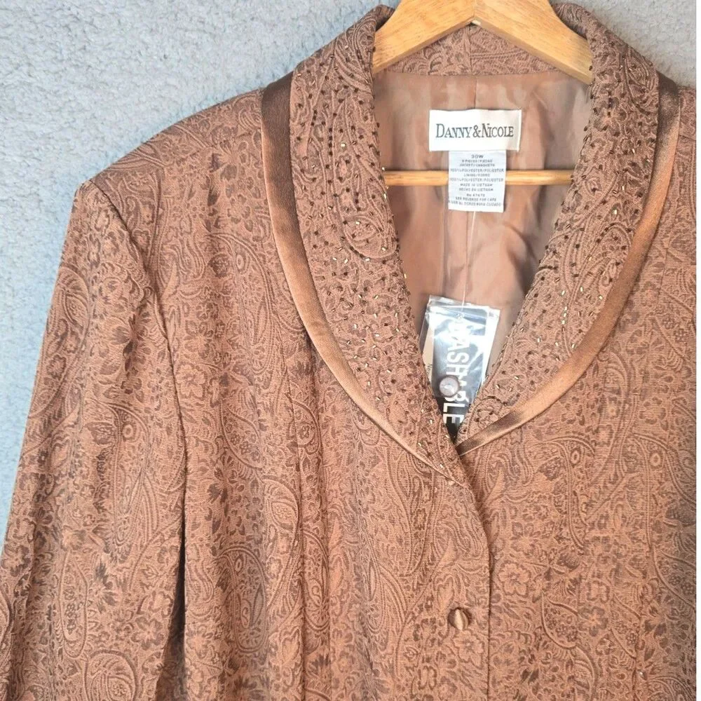 Danny and Nicole Jacket 30W Brown Textured Print Clear Beaded Collar Lined